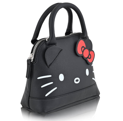Hello kitty, Leather Solid Print Shoulder Crossbody Handbag, Black